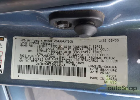 2005 Toyota 4Runner Sr5 V6 из США, поврежденный, VIN JTEBU14R350073474